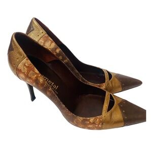 GunMetal shoes Italy Snakeskin Metallic Gold Brown Leather Pointed Pumps Sz 8.5